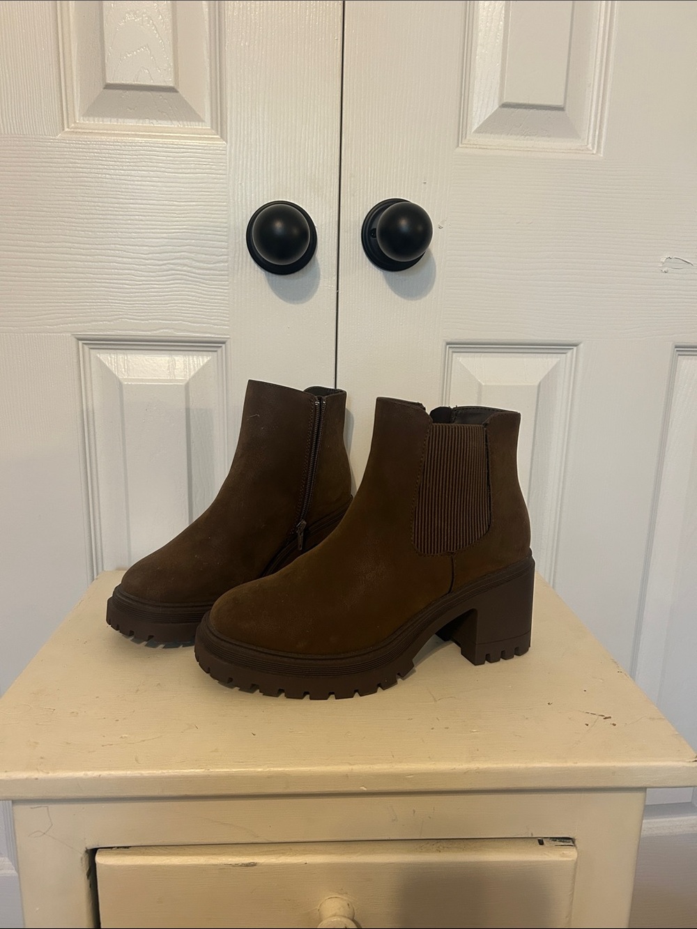 Jellypop Brown Suede Chunky Heel Chelsea Booties